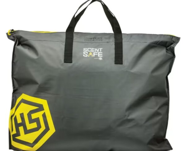 Grey sport bag featuring yellow and black logos prominently displayed on its surface.