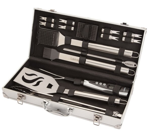 A barbecue set neatly arranged inside a sturdy metal case, showcasing various grilling tools and accessories.