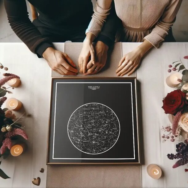 A couple holds hands above a framed map of the night sky, symbolizing connection and shared wonder of the universe.