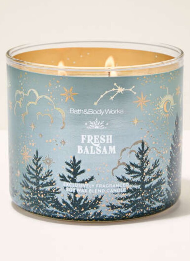 Fresh Balsam candle from Bath & Body Works, featuring a festive pine scent in a decorative glass jar.