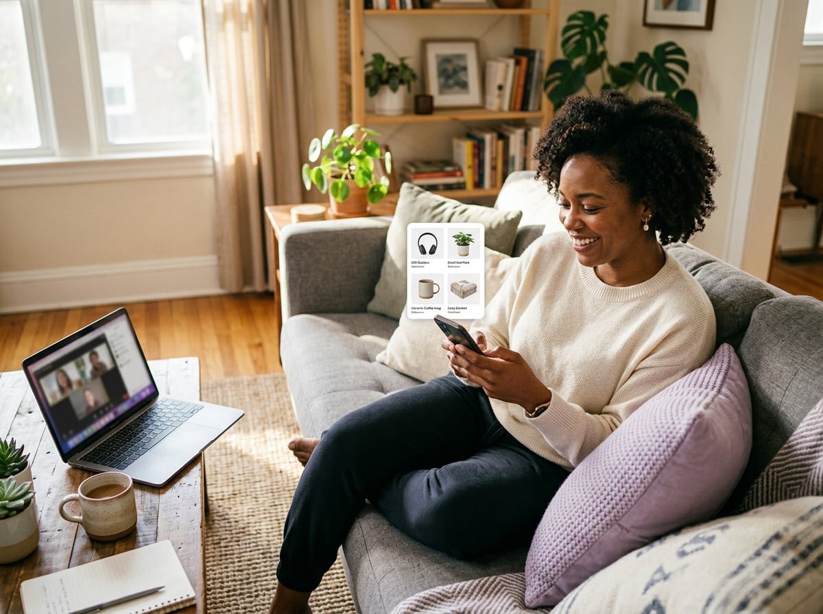 Remote employee at home smiling at a smartphone while choosing a gift from an online catalog.