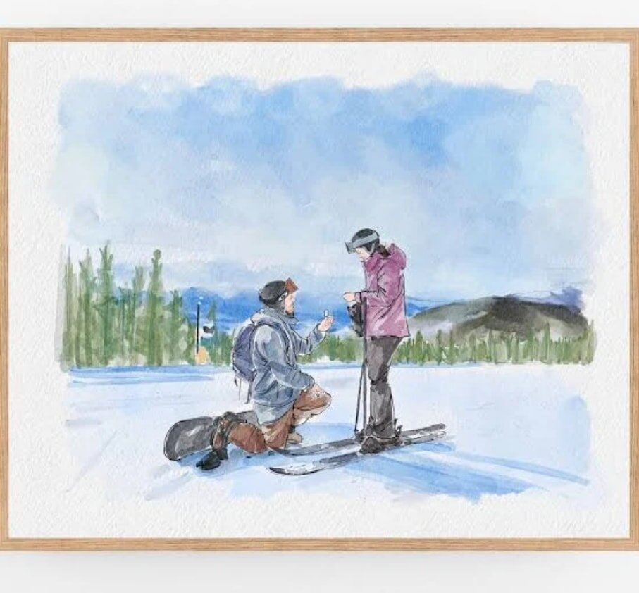 A watercolor artwork showing two individuals skiing together in a winter scene.