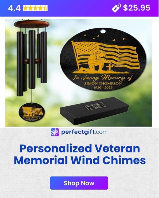 Personalized veteran memorial wind chimes featuring a kneeling soldier and American flag design.