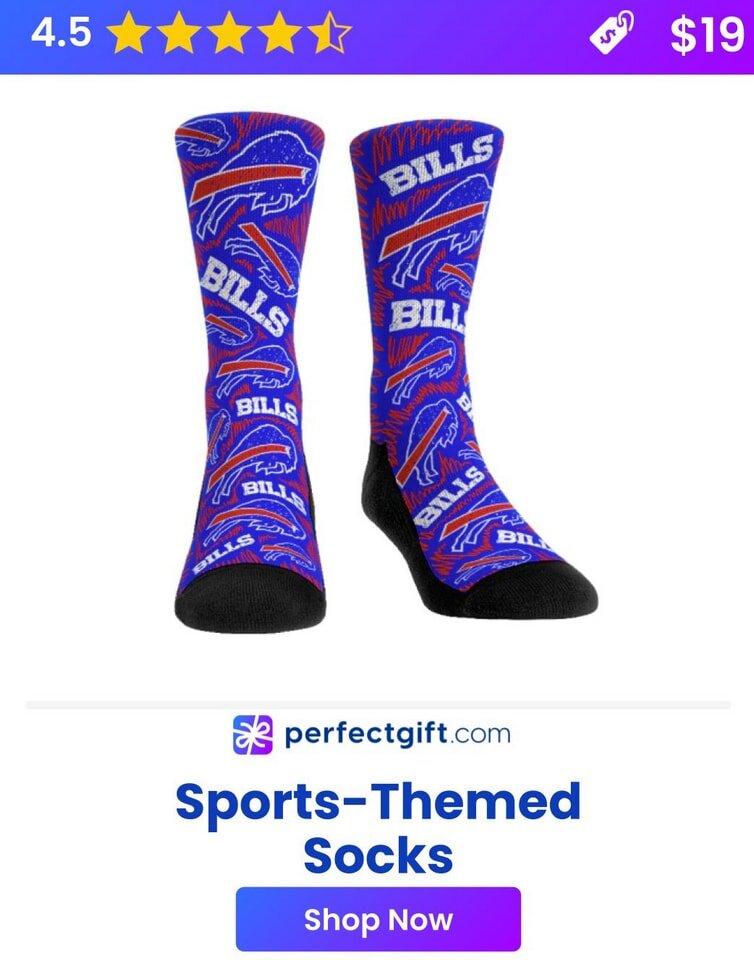 Blue and red Buffalo Bills sports-themed socks with logos and text, priced at $19 with a 4.5-star rating, available on perfectgift.com.