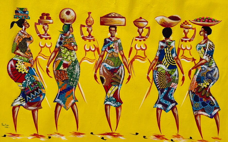 A painting depicting African women walking in a line, showcasing their vibrant attire and cultural unity.