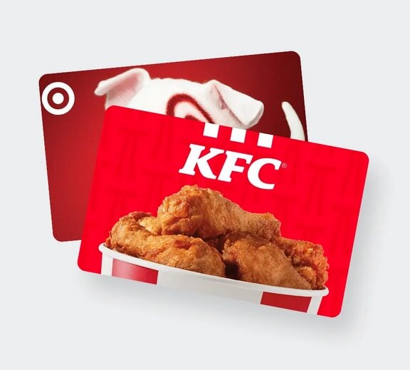 KFC gift card with fried chicken bucket in front of a Target gift card featuring a dog on a red background.