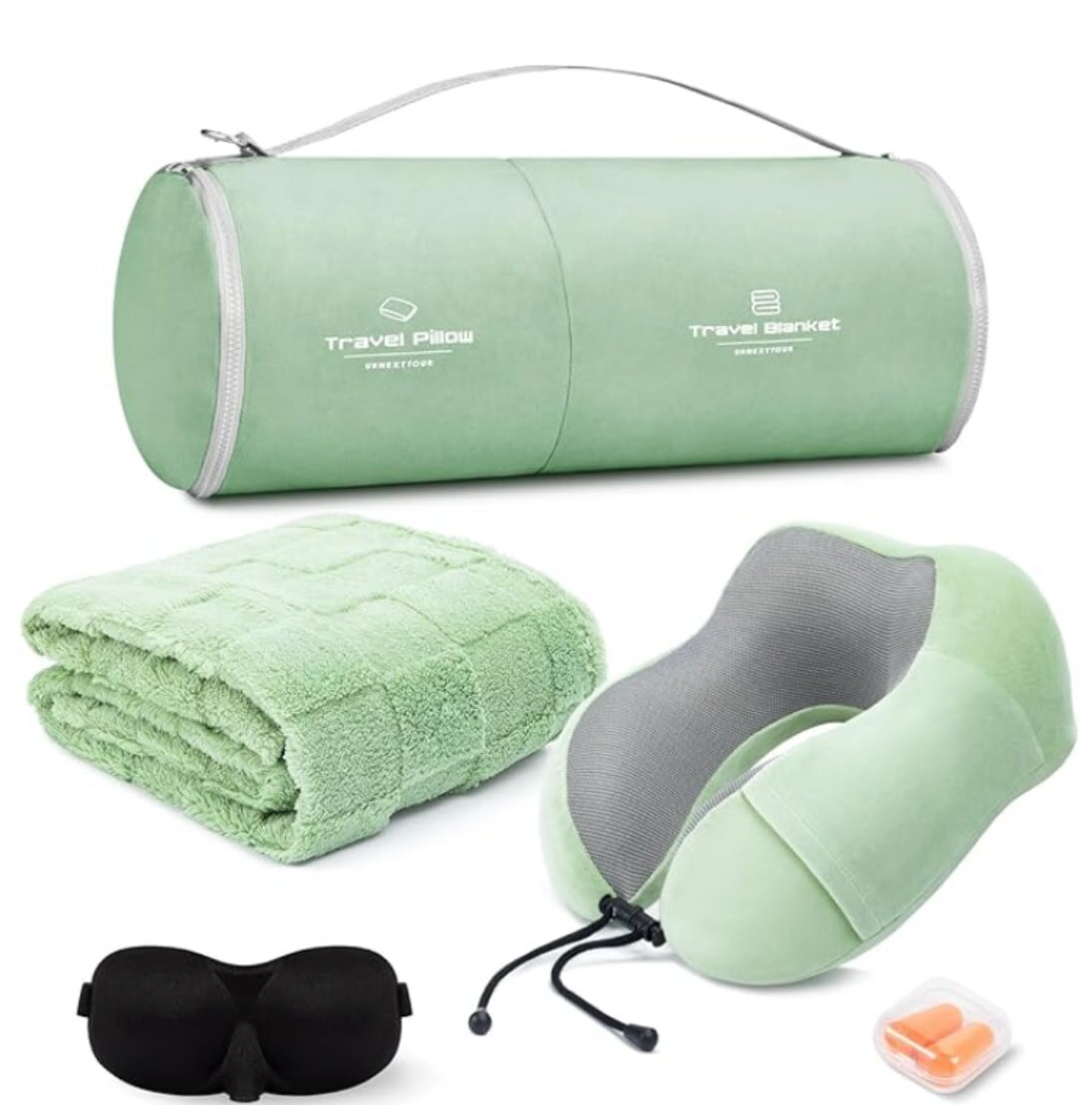 Travel pillow, eye mask, and travel bag arranged together on a surface, ideal for comfortable journeys.