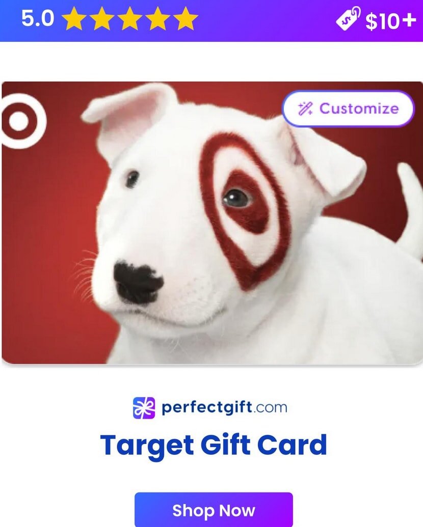 Gift card for Target featuring a colorful design, ideal for shopping at the popular retail store.