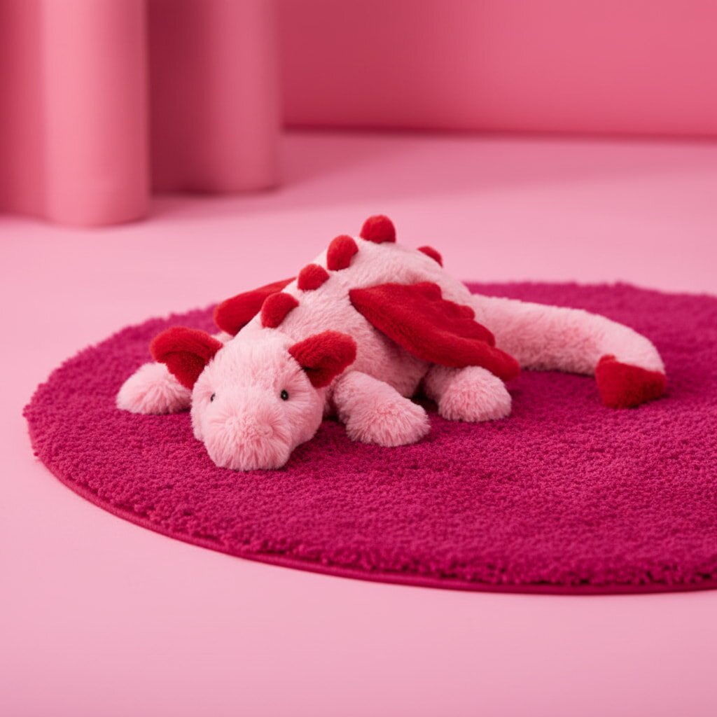Pink and red plush dragon toy on a circular magenta rug, set against a pink background. The scene is playful and whimsical.