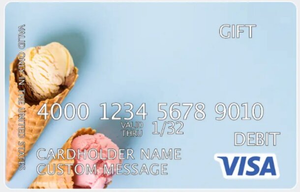 A Visa gift card featuring colorful ice cream cones on a vibrant background.