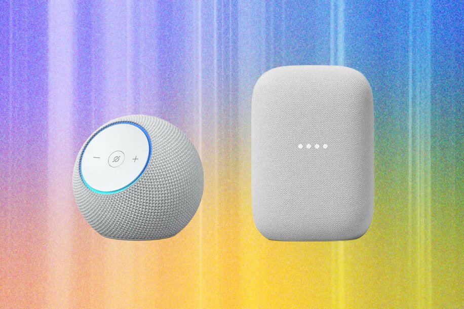 Gray, spherical and rectangular smart speakers against a gradient background of purple, blue, and yellow, creating a modern, techy feel.