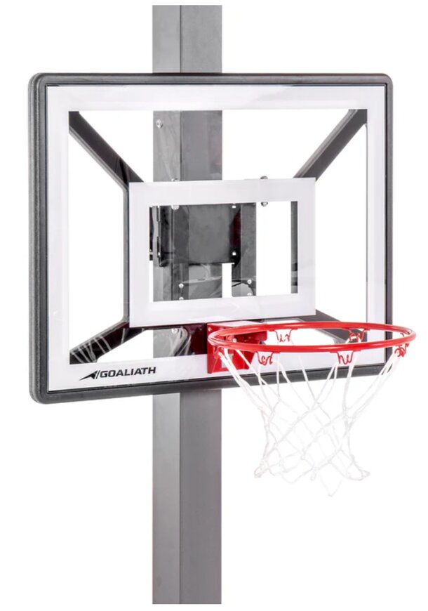 A basketball hoop featuring a net on the back, positioned outdoors with a bright background.