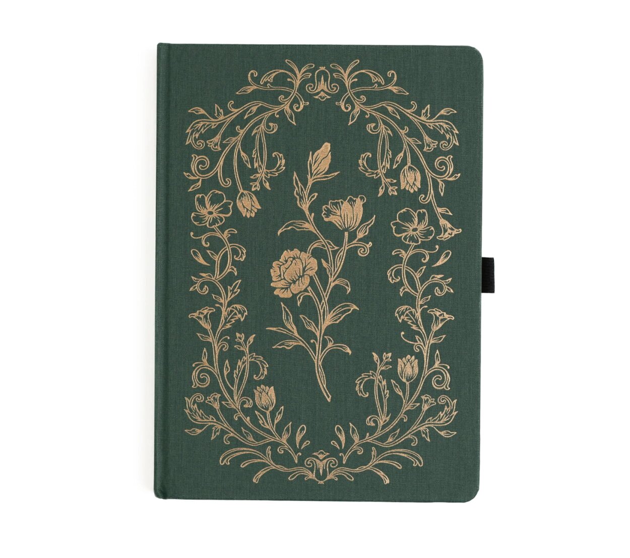 A green notebook adorned with elegant gold rose designs on the cover.