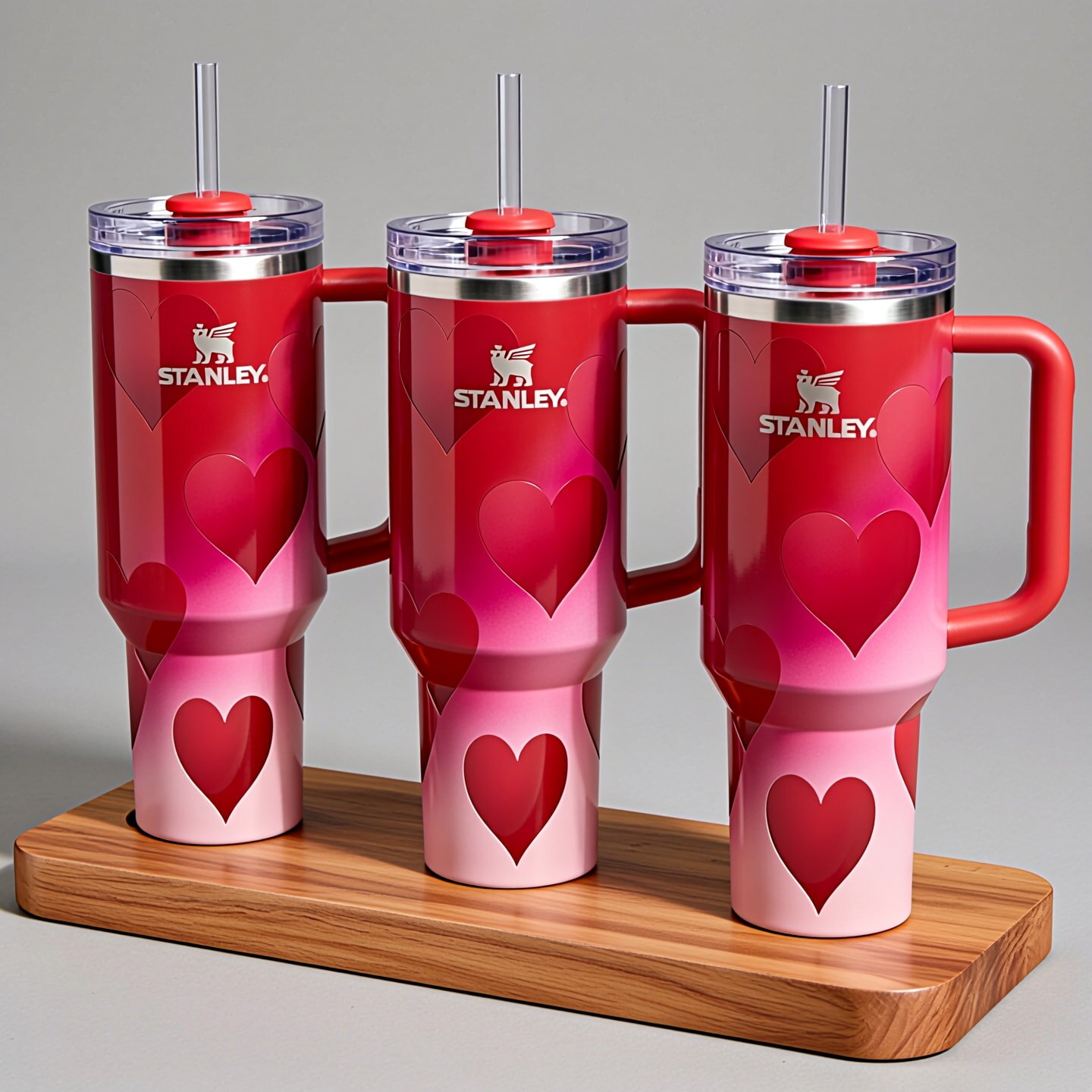 Three red gradient Stanley mugs with heart designs and clear lids sit on a wooden base. Each mug has a side handle and a straw, conveying a playful theme.