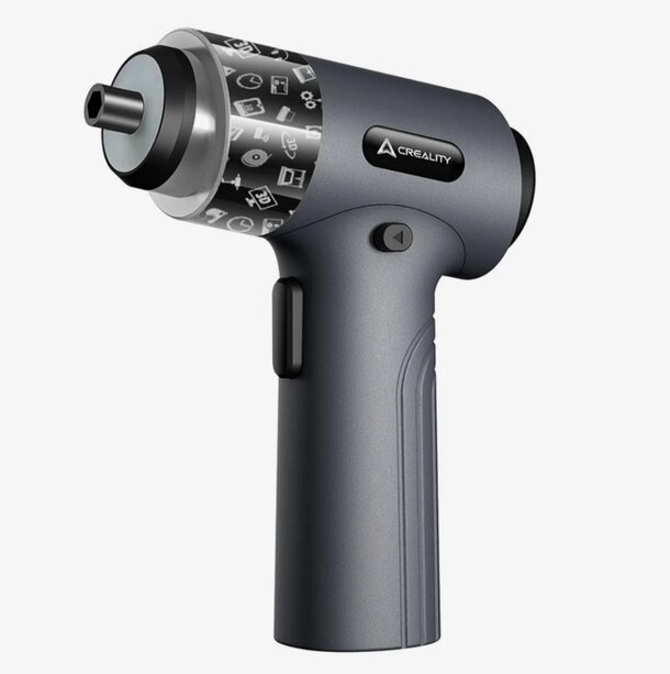 A black and gray electric drill on a plain white background, showcasing its design and features.