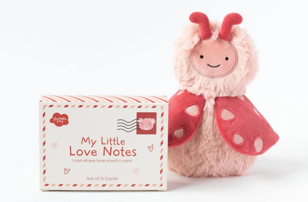 A cute, plush pink ladybug toy with red wings sits beside a box labeled "My Little Love Notes." The scene conveys warmth and affection.