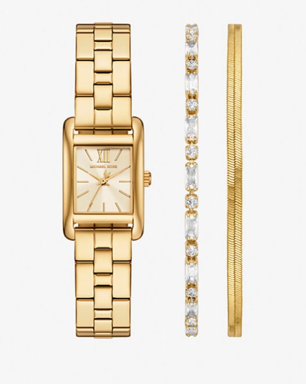 A gold tone watch paired with a matching bracelet, showcasing an elegant and coordinated accessory set.