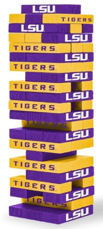 LSU Tigers-themed dominoes featuring the team's colors and logo, arranged on a table for a game.