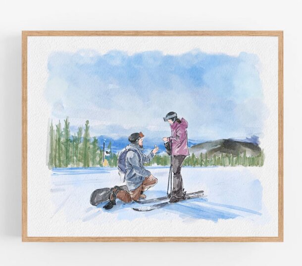 Watercolor painting depicting two skiers navigating a snowy landscape.