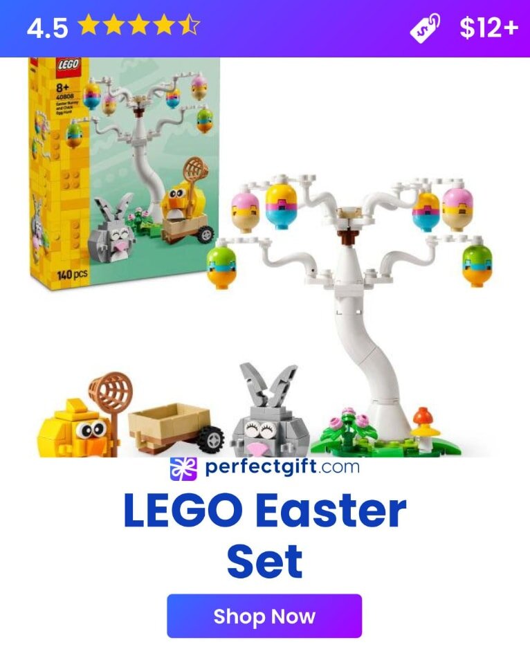 Colorful LEGO Easter set featuring a tree surrounded by various animals, celebrating the holiday theme.
