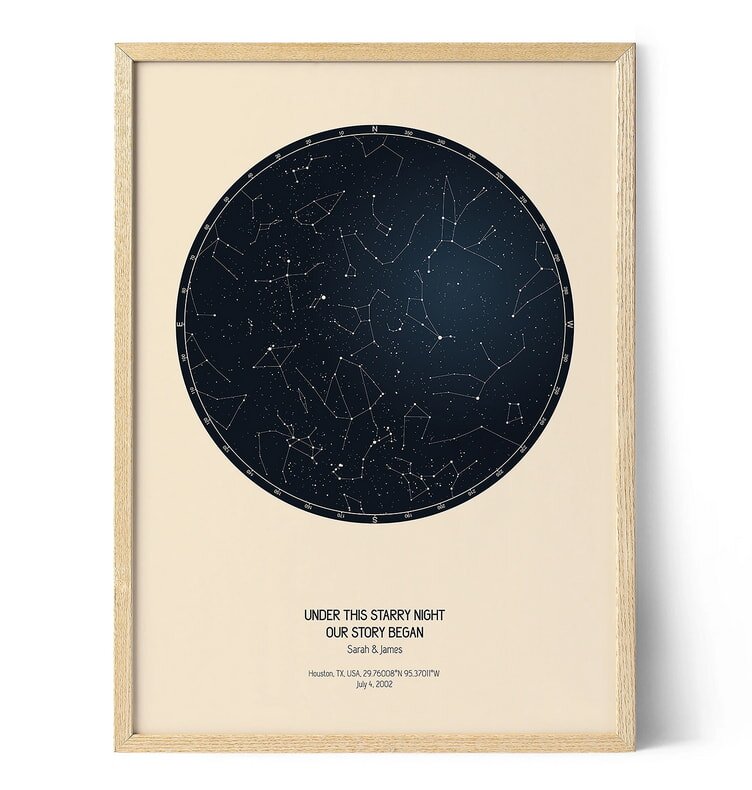A constellation map displayed in a wooden frame, showcasing various star patterns against a dark background.