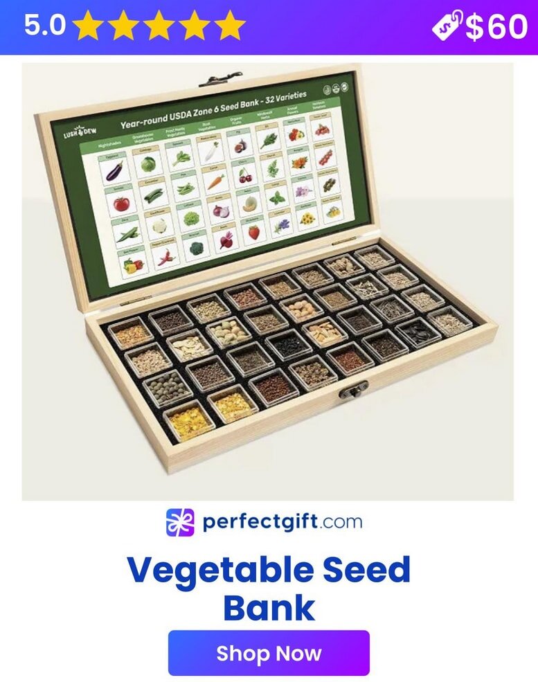 Open wooden box containing 32 varieties of vegetable seeds with labeled chart inside the lid, priced at $60 with 5-star rating.