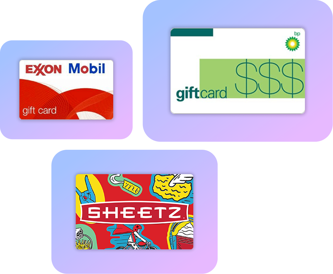 Three branded fuel gift cards.