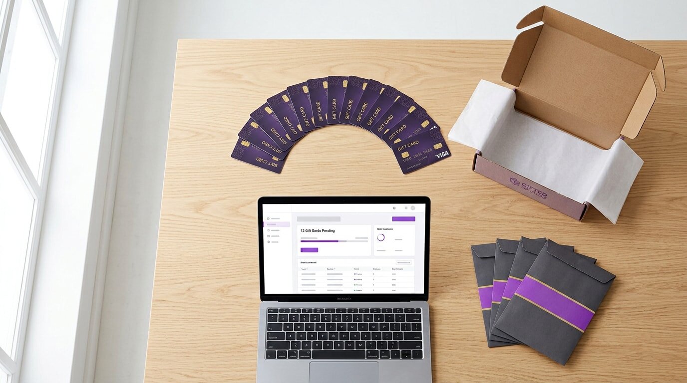 Laptop displaying gift card management, surrounded by purple gift cards, envelopes, and an open cardboard box on a wooden table.
