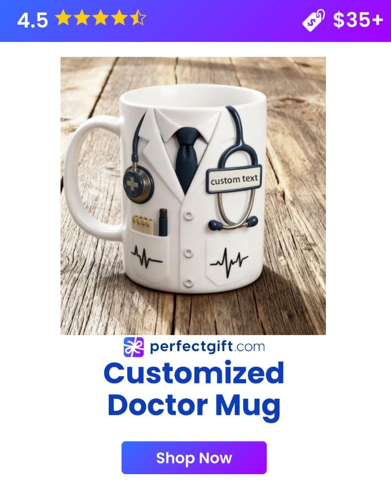 Customized doctor mug with a white coat design, stethoscope, and ECG lines. 