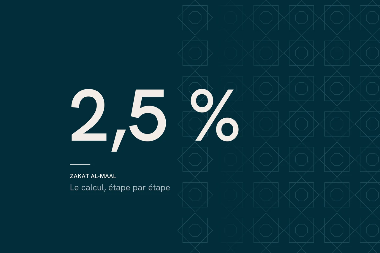 Le taux de la zakat al-maal, 2,5 %, sur un motif géométrique beige