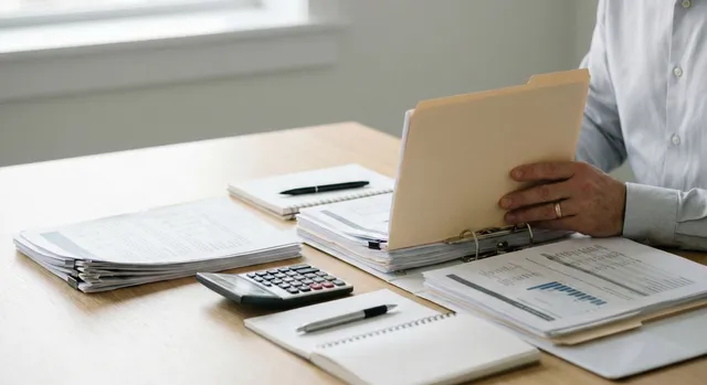 Un homme assis à un bureau consulte un dossier papier ouvert, entouré de documents financiers, d’une calculatrice et de carnets de notes, dans un environnement de travail sobre et lumineux.