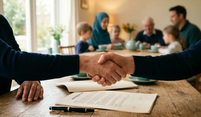 Une poignée de main ferme entre deux hommes en pull bleu scelle un accord sur une table en bois où reposent un contrat et un stylo-plume, pendant qu'une famille est réunie en arrière-plan.