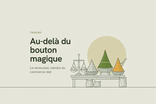 Gravure d'un étal d'épices : trois bassines de laiton surmontées de cônes d'épices, une pelle plantée dans le cône de curcuma, une balance à deux plateaux et des sacs de toile sous l'étal.