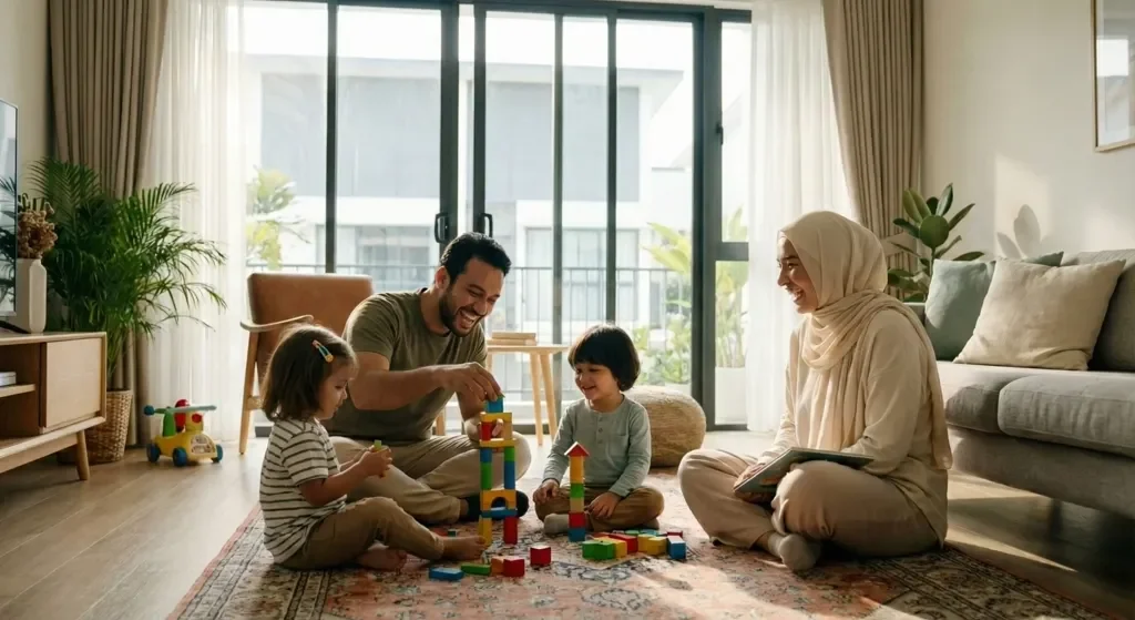 Famille heureuse dans sa maison