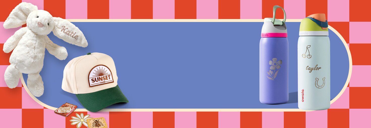 Custom Bar Image with an embroidered bunny Jellycat, Hat with heat press patches, and engraved Owala water bottles