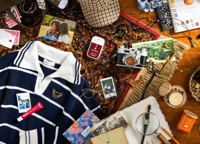 Animated lifestyle collage cycling through autumn-inspired scenes: a flat lay of vintage accessories and keepsakes; a close-up of a woman holding a brown leather handbag; two women in a car packed with colorful quilted bags; a woman putting on a gold earring; a group of friends relaxing together on a lawn; delicate gold necklaces arranged on fabric; and friends gathered around a festive autumn dinner table.