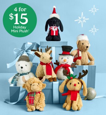 Image of plush stuffed animals. 4 for $15 Holiday Mini Plush