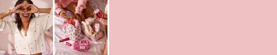 Image of a model wearing a heart sweater and and image of girls filling quilted bags with body spray, touchland and other spa essentials