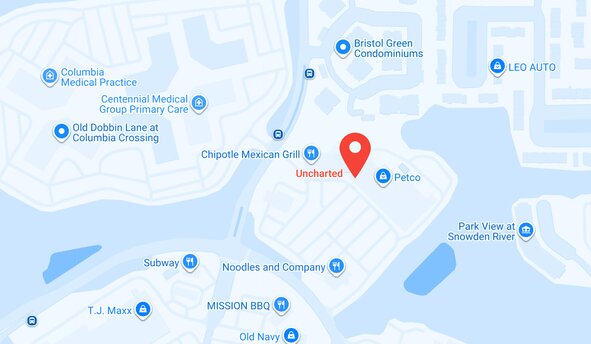 Map showing the Uncharted store location near Petco and Chipotle, with T.J. Maxx, Old Navy, and Noodles & Company nearby.