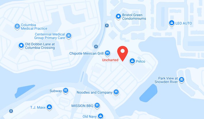 Map showing the Uncharted store location near Petco and Chipotle, with T.J. Maxx, Old Navy, and Noodles & Company nearby.