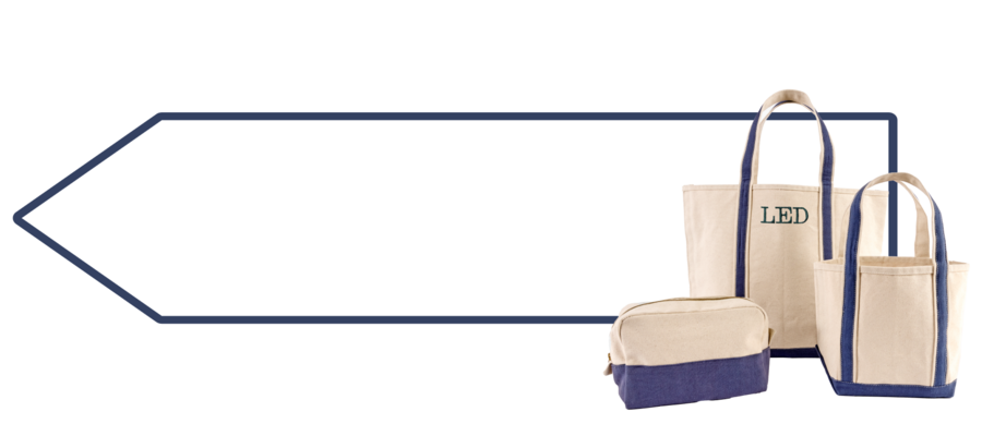Arrow sign with embroidered totes overlayed on top