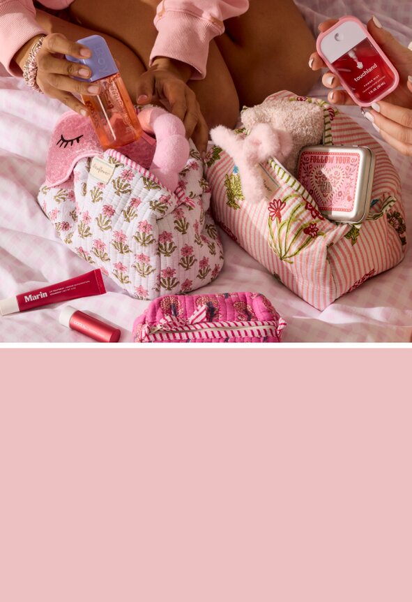 Image of a model wearing a heart sweater and and image of girls filling quilted bags with body spray, touchland and other spa essentials