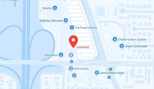Map showing the Uncharted store location near The Fresh Market, Walgreens, Wayfair, and KidSnips Wilmette.