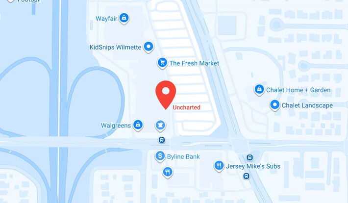 Map showing the Uncharted store location near The Fresh Market, Walgreens, Wayfair, and KidSnips Wilmette.