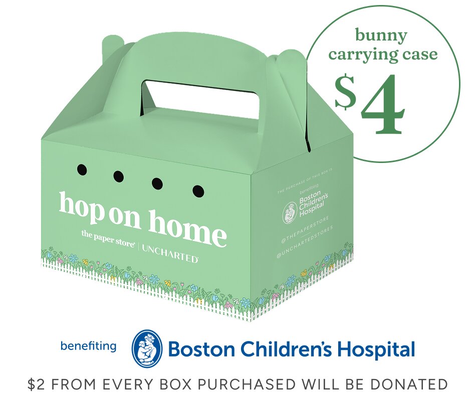 Image of a light green carrying box that reads "hop on home." A dotwhack reads "bunny carrying case $4". Below the box reads "the purchase of this box is benefiting Boston Children's Hospital. $2 From every box purchased will be donated"