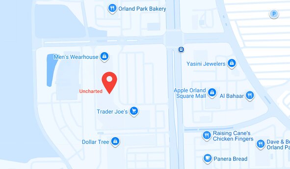 Map showing the Uncharted store location at Danada Square West, near Burlington, QDOBA, Chili’s, T.J. Maxx, and HomeGoods.