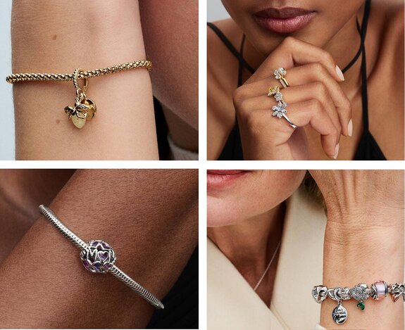 Collage of images of Pandora bracelets and rings