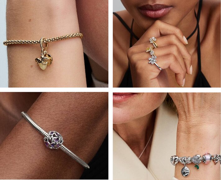 Collage of images of Pandora bracelets and rings
