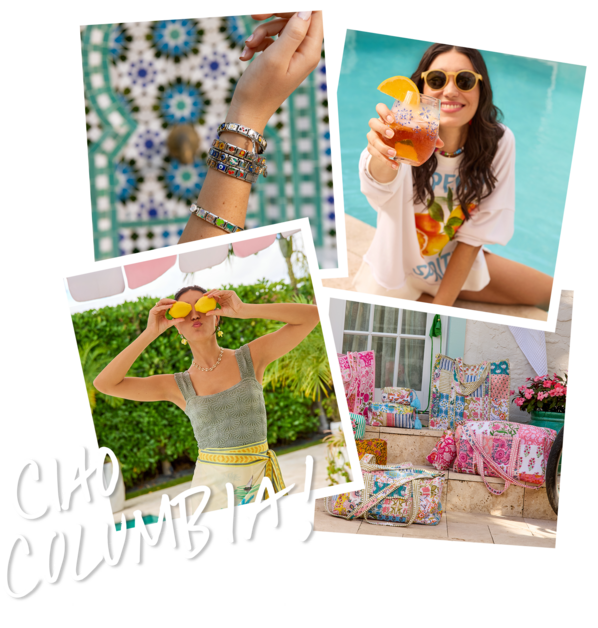 Collage of images featuring italian charm bracelets, a model near a pool with an aperol spritz, a model under an umbrella holding lemons over her eyes, and a collection of block print Strawflower bags. Handwriting over them says Ciao, Columbia!