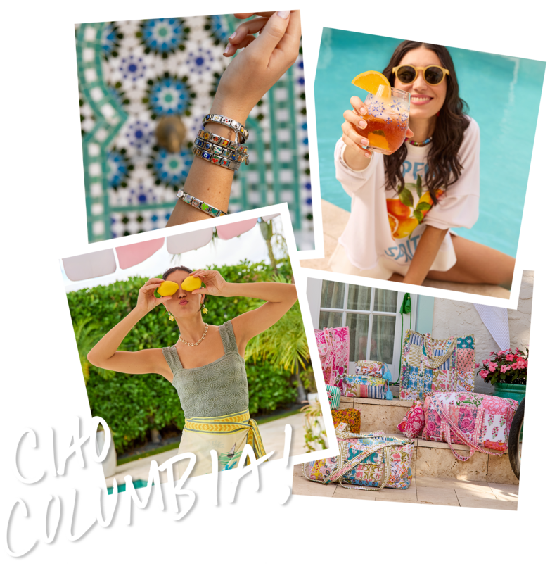 Collage of images featuring italian charm bracelets, a model near a pool with an aperol spritz, a model under an umbrella holding lemons over her eyes, and a collection of block print Strawflower bags. Handwriting over them says Ciao, Columbia!